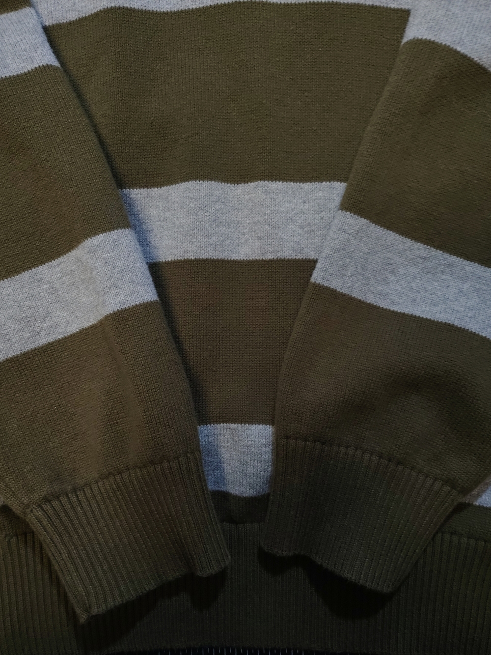 Duluth Trading Co Mens Large Striped Crewneck Knit Sweater Olive Grey Cotton - Picture 5 of 5